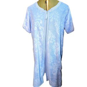 Croft&Borrow Light Blue Terry Cloth Short Sleeve Housecoat With Zipper Closure
